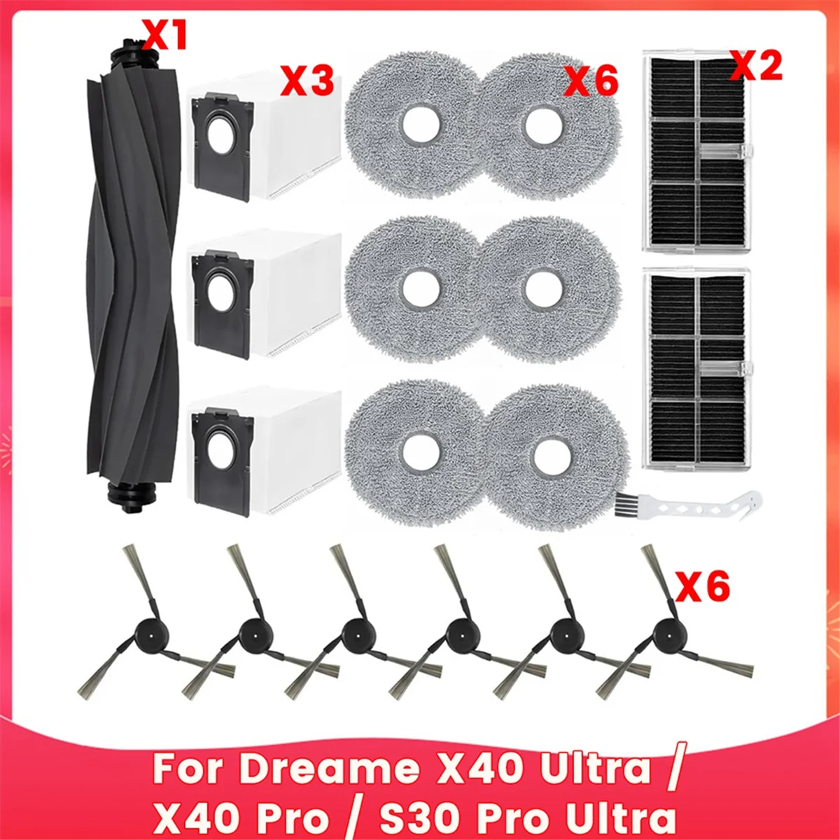 For Dreame X40 Ultra / X40 Pro / S30 Pro Ultra Robot Vacuum Cleaner Main Side Brushes HEPA Filters Mop Cloth Dust Bags
For Dreame X40 Ultra / X40 Pro / S30 Pro Ultra Robot Vacuum Cleaner Main Side Brushes HEPA Filters Mop Cloth Dust Bags