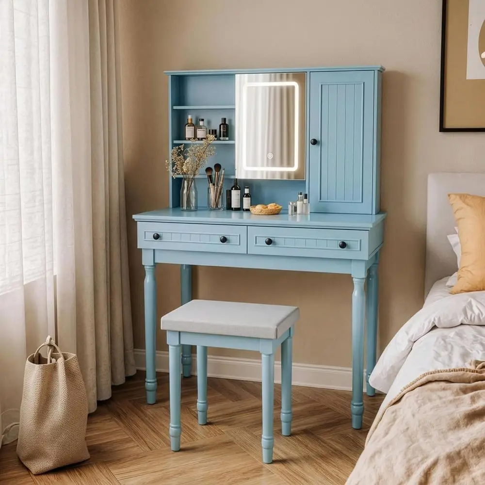 Classic Wooden Makeup Vanity Set with Stool, LED Mirror, and Storage Organizer in Blue
Classic Wooden Makeup Vanity Set with Stool, LED Mirror, and Storage Organizer in Blue