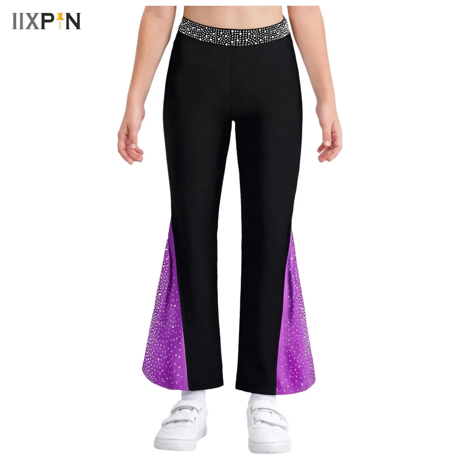 Kids Girls Belly Jazz Dance Pants Elastic Waistband Shiny Rhinestones Color Block Bell-Bottomed Pants for Figure Skating Costume
Kids Girls Belly Jazz Dance Pants Elastic Waistband Shiny Rhinestones Color Block Bell-Bottomed Pants for Figure Skating Costume