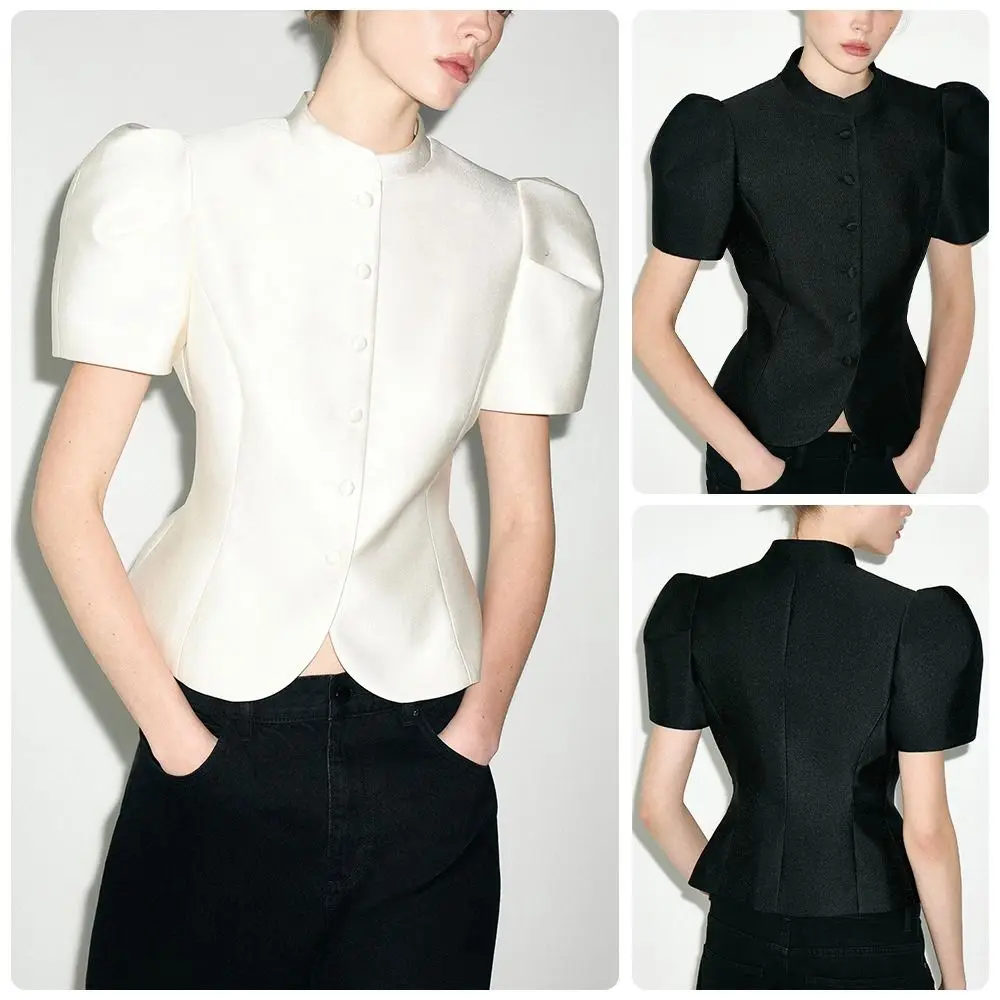 Solid Color Short Sleeve Blouse Round Collar Puff Sleeve Retro Spring Coat Button Front Slim Fit Waist Cincher Top Chic Style
Solid Color Short Sleeve Blouse Round Collar Puff Sleeve Retro Spring Coat Button Front Slim Fit Waist Cincher Top Chic Style
