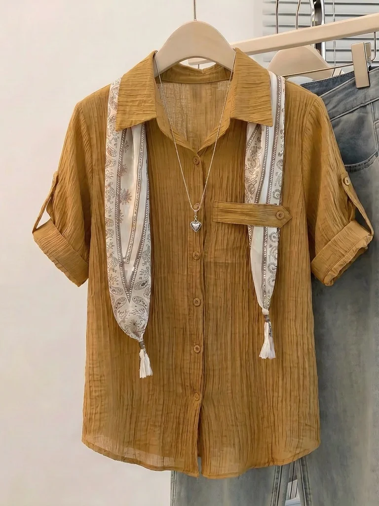 Elegant Silk Scarf Short Sleeve Shirt Women's Summer New Style plus Size Thin Commute Top Korean Version Loose Fit Shirt
Elegant Silk Scarf Short Sleeve Shirt Women's Summer New Style plus Size Thin Commute Top Korean Version Loose Fit Shirt