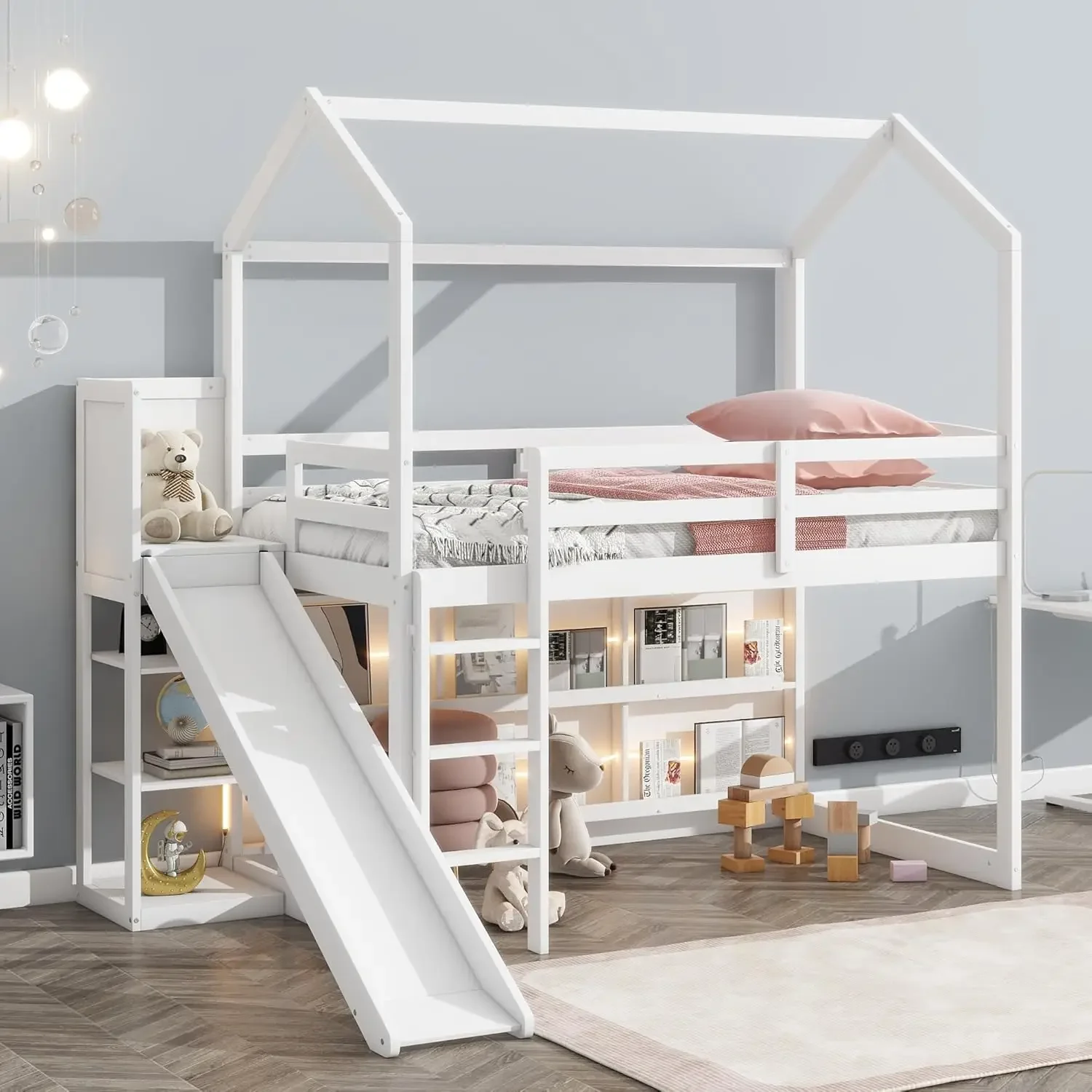 Twin House Loft Bed with Slide, Storage Shelves and Light, Wood Twin Bed Frame with Roof for Kids - White
Twin House Loft Bed with Slide, Storage Shelves and Light, Wood Twin Bed Frame with Roof for Kids - White