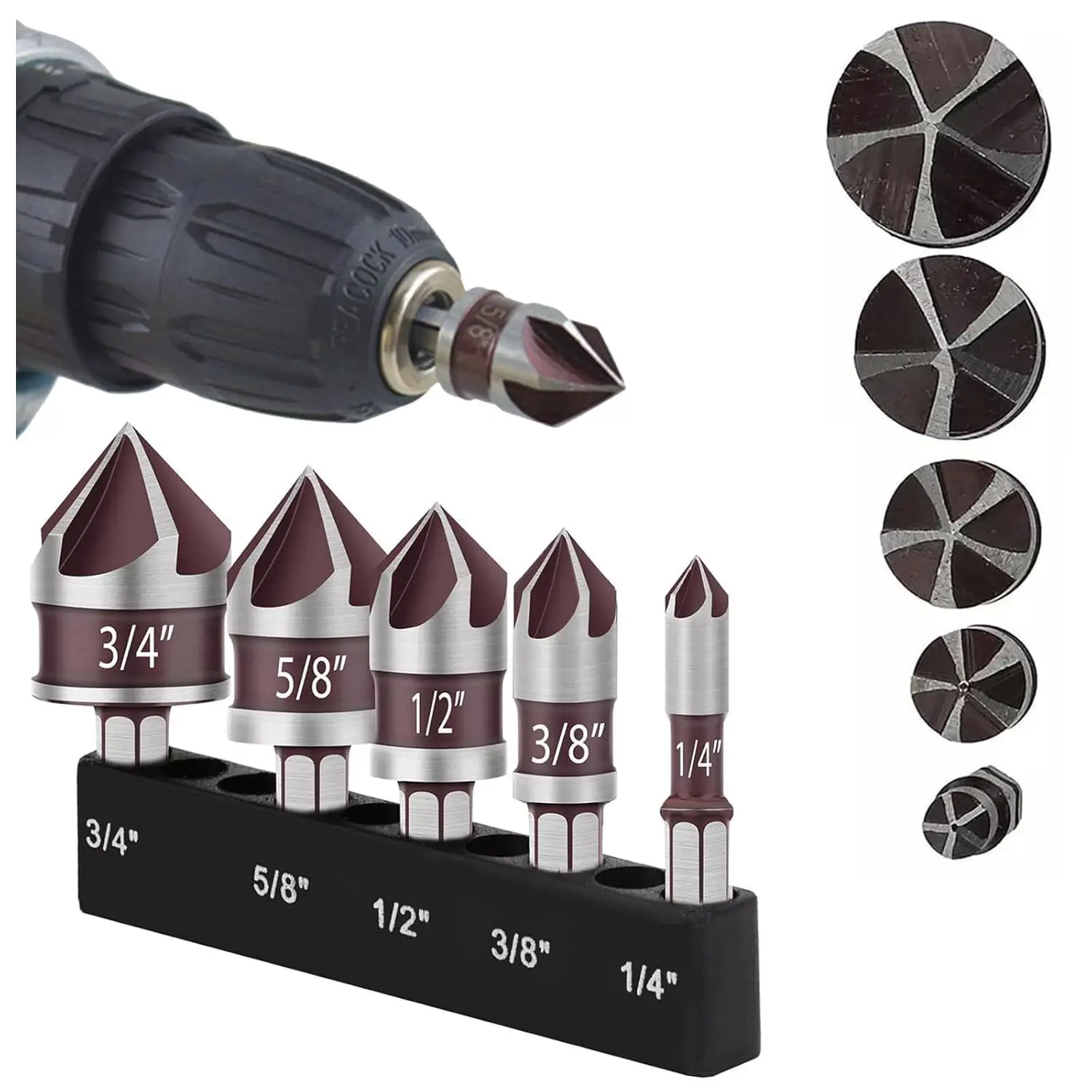 5pcs 82 Degree HSS Counter Sink Drill Bit Set | For Wood,Metal,Plastic,Sizes 1/4"-3/4" with 1/4" Hex Shank,No Assembly Required
5pcs 82 Degree HSS Counter Sink Drill Bit Set | For Wood,Metal,Plastic,Sizes 1/4"-3/4" with 1/4" Hex Shank,No Assembly Required