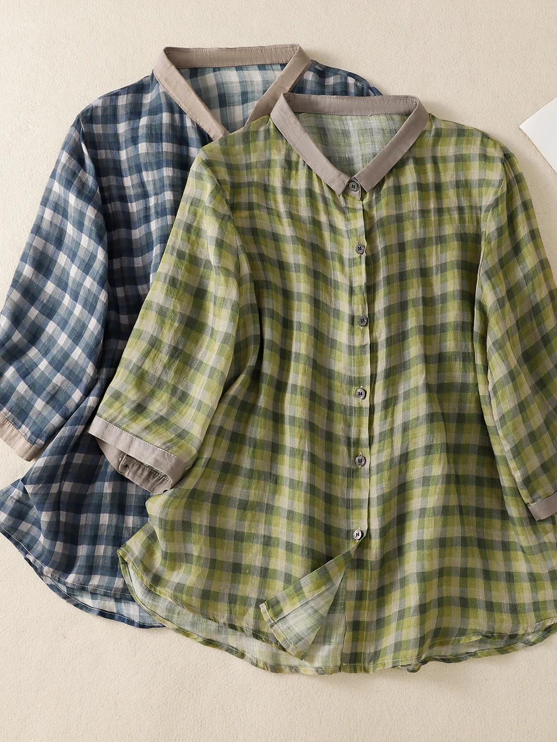 Summer Thin round Neck Casual Shirt Women's Plaid T-Shirt Loose Fit Breathable Regular Sleeve Length Artistic Style
Summer Thin round Neck Casual Shirt Women's Plaid T-Shirt Loose Fit Breathable Regular Sleeve Length Artistic Style