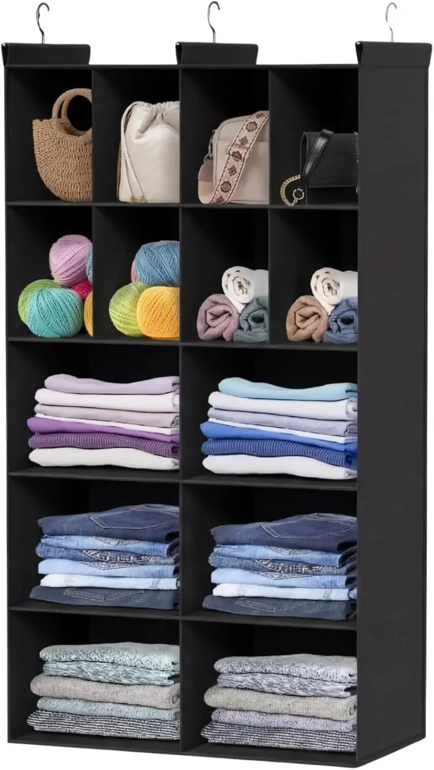 5 Tier Hanging Closet Organizer, 14 Compartments Sweater Storage with 3 Sturdy Hooks, Black
5 Tier Hanging Closet Organizer, 14 Compartments Sweater Storage with 3 Sturdy Hooks, Black