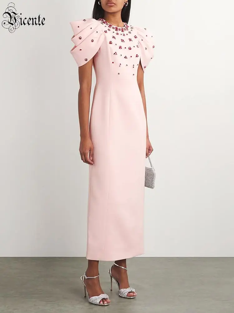 VC Women's Pink Beaded Mock Neck Midi Dress With Ruffle Puff Sleeves Elegant Bodycon Formal Dress For Wedding Guest Bridesmaid
VC Women's Pink Beaded Mock Neck Midi Dress With Ruffle Puff Sleeves Elegant Bodycon Formal Dress For Wedding Guest Bridesmaid