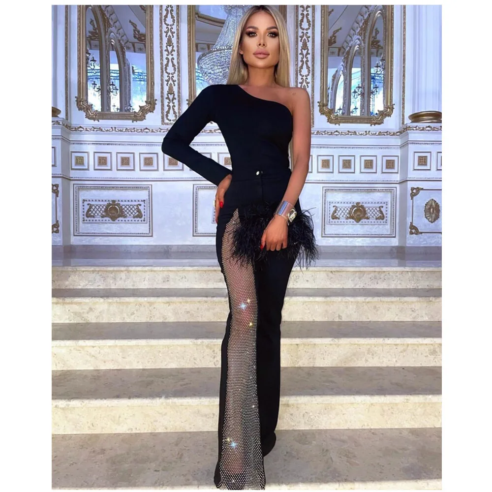 Bandage Jumpsuit, Fashionable Black Single Shoulder Sleeve Mesh Dia Flared Jumpsuit
Bandage Jumpsuit, Fashionable Black Single Shoulder Sleeve Mesh Dia Flared Jumpsuit
