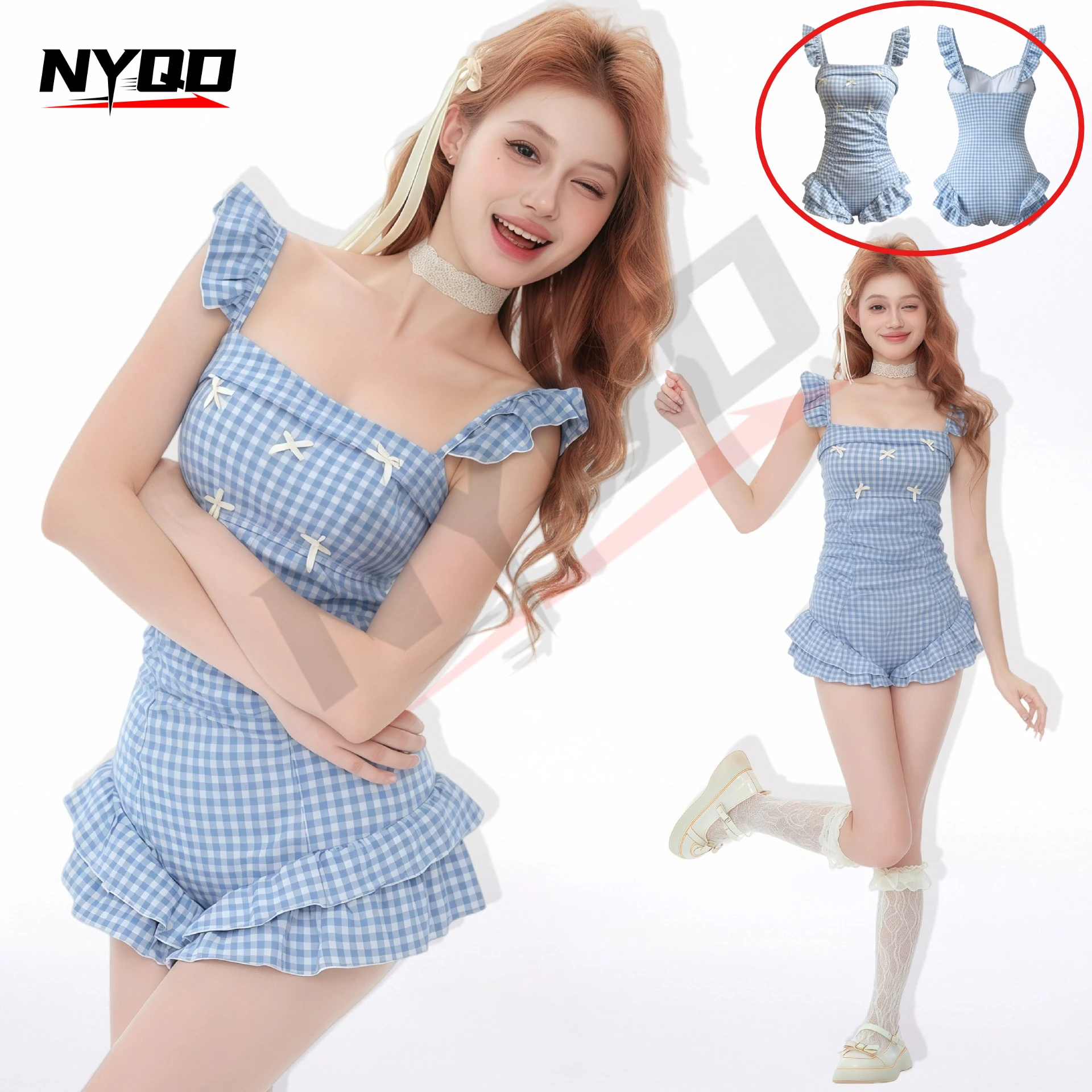 2026 Women's Sweet One Piece Swimsuit Blue White Plaid Flying Sleeves Ruffle Bow Knot Tummy Control Slim Conservative Swimwear
2026 Women's Sweet One Piece Swimsuit Blue White Plaid Flying Sleeves Ruffle Bow Knot Tummy Control Slim Conservative Swimwear