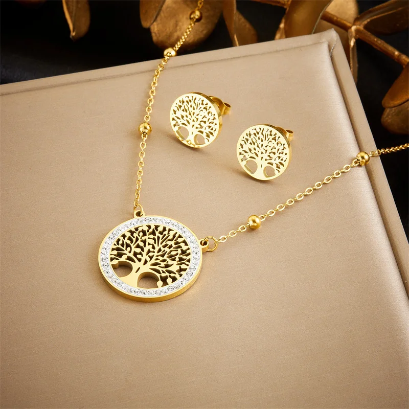 Gold Tone 316L Stainless Steel CZ Life of Tree Jewelry Set (Necklace & Stud Earrings)
Gold Tone 316L Stainless Steel CZ Life of Tree Jewelry Set (Necklace & Stud Earrings)
