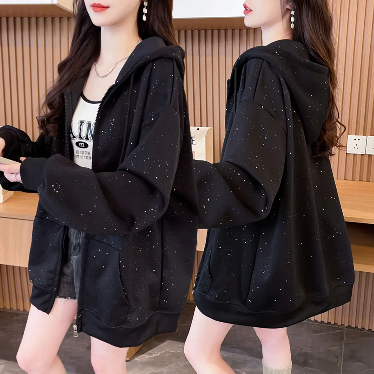 Shiny Hoodie Women's Loose Thin Spring Autumn Korean Style Fashionable Short Cardigan Coat Large Size Ladies Premium Sweatshirt
Shiny Hoodie Women's Loose Thin Spring Autumn Korean Style Fashionable Short Cardigan Coat Large Size Ladies Premium Sweatshirt