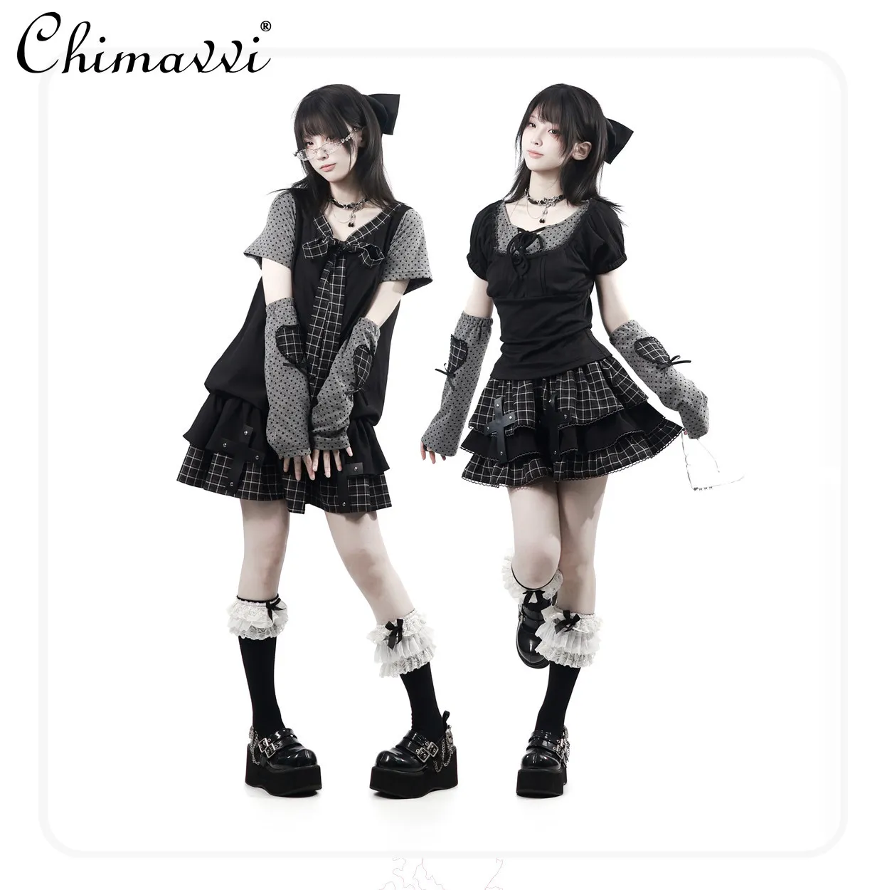 Spring Summer New Japanese Style Fashion Tie-waist Short Sleeve Polka Dot Dress Plaid Panel Skirt T-shirt Top Girl's Outfit Set
Spring Summer New Japanese Style Fashion Tie-waist Short Sleeve Polka Dot Dress Plaid Panel Skirt T-shirt Top Girl's Outfit Set
