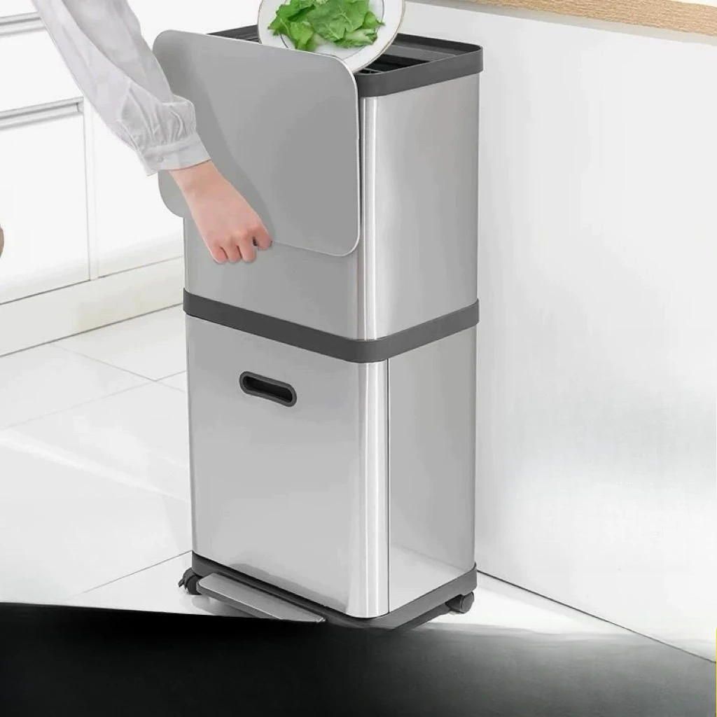 High Grade Stainless Steel Double Layer Sliding Lid Trash Can Foot Pedal Sorting Bin with Universal Wheels for Home Kitchen
High Grade Stainless Steel Double Layer Sliding Lid Trash Can Foot Pedal Sorting Bin with Universal Wheels for Home Kitchen