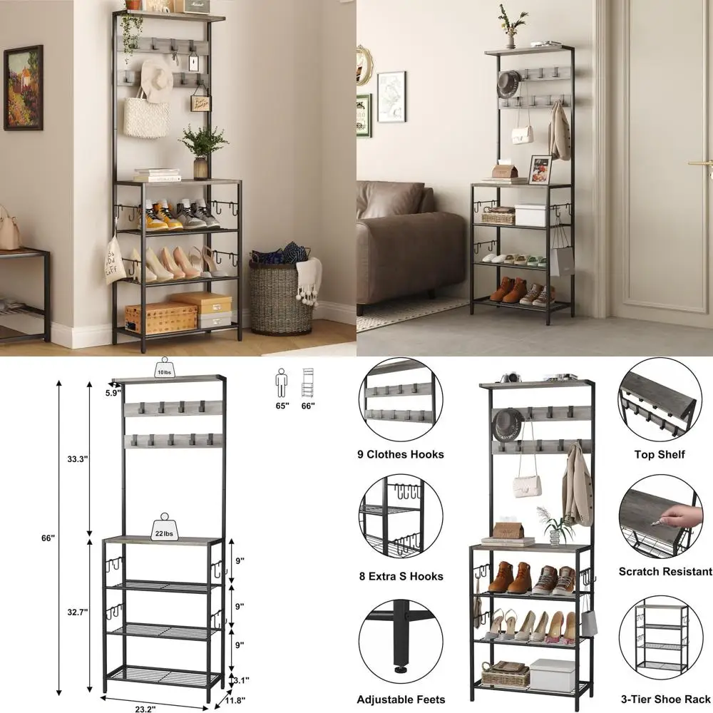 5-Tier Shoe and Coat Rack with 9 Hooks, Freestanding Organizer for Entryway and Bedroom, Grey
5-Tier Shoe and Coat Rack with 9 Hooks, Freestanding Organizer for Entryway and Bedroom, Grey