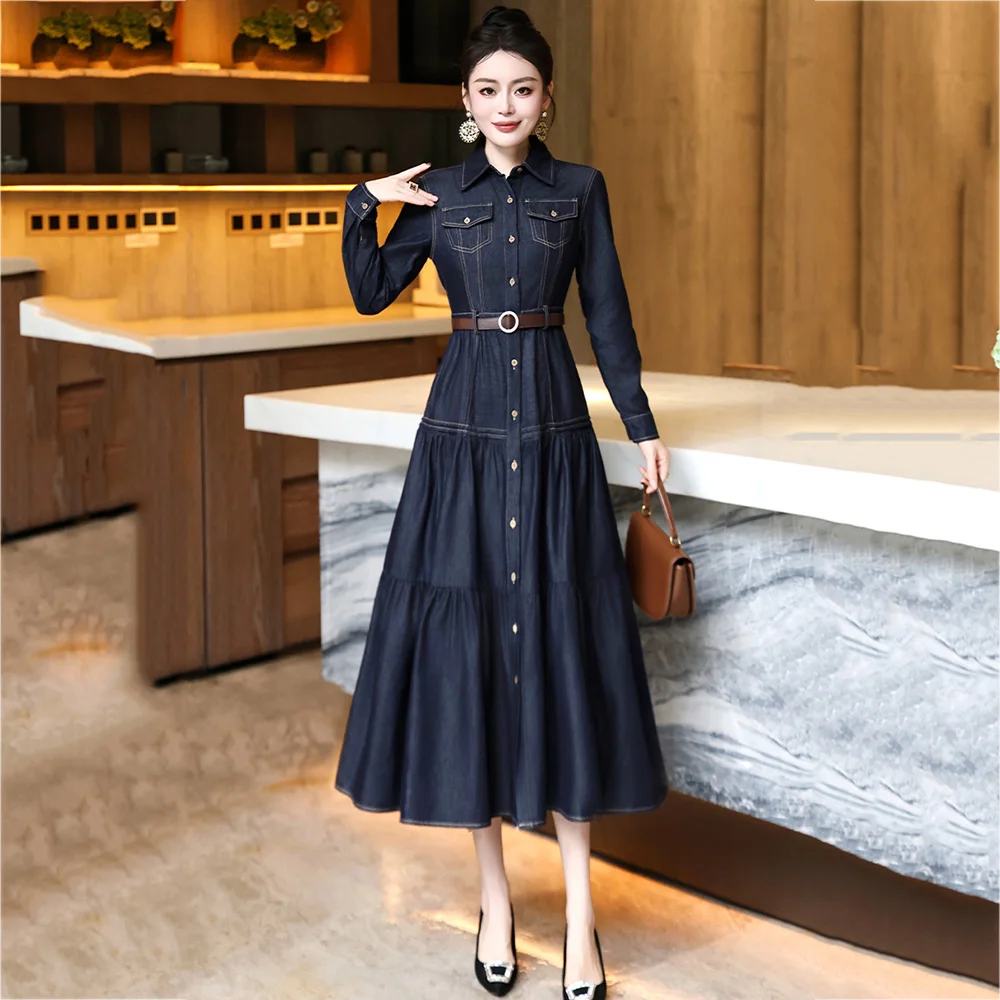 New Women Spring Autumn Elegant Denim Dress Fashion Single Breasted High Waist Long Sleeve Dress Vintage Slim Long Dress Female
New Women Spring Autumn Elegant Denim Dress Fashion Single Breasted High Waist Long Sleeve Dress Vintage Slim Long Dress Female