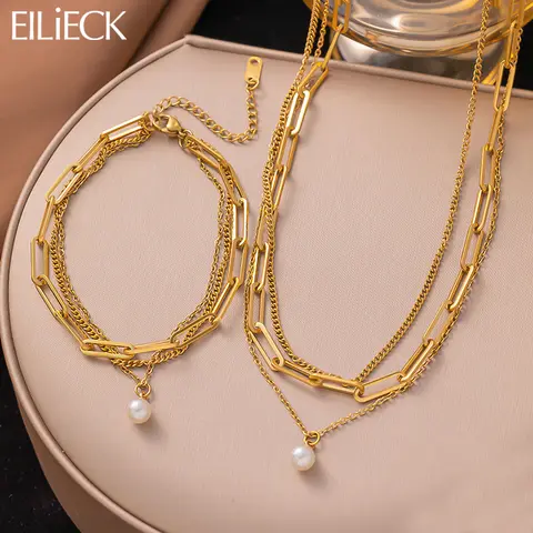 EILIECK 316L Stainless Steel Pearl Charm Necklace Bracelets Set For Women Fashion Gold Color Multilayer Chain Waterproof Jewelry