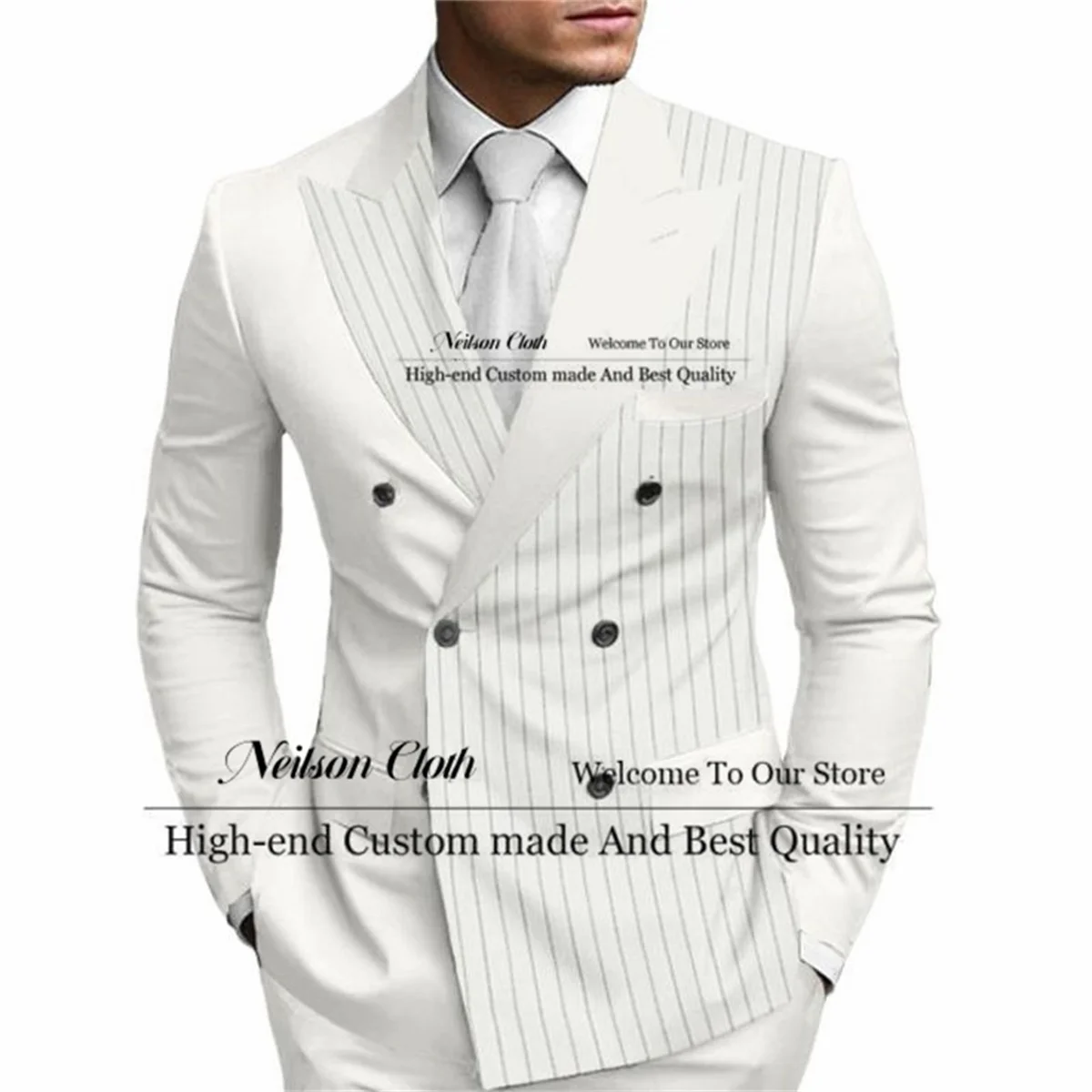 Customized Double Breasted Male Prom Blazers Slim Fit Peaked Lapel Groom Wedding Tuxedos White Stripe 2 Pcs Sets Costume Homme
Customized Double Breasted Male Prom Blazers Slim Fit Peaked Lapel Groom Wedding Tuxedos White Stripe 2 Pcs Sets Costume Homme