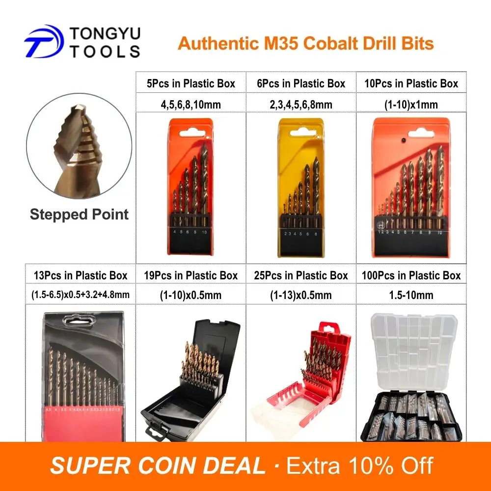 M35 Cobalt Drill Bit Set DIN338 HSS Co5% Twist Bit for Stainless Steel Hard Metal Stepped Point
M35 Cobalt Drill Bit Set DIN338 HSS Co5% Twist Bit for Stainless Steel Hard Metal Stepped Point