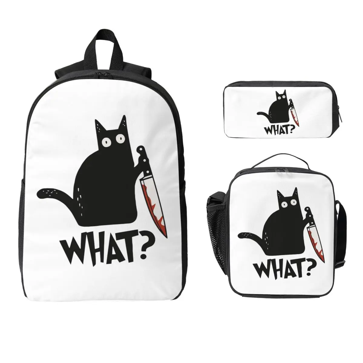 Cat What Murderous Black Cat With Knife Backpack Student Boys Girls BookBag School Bag 3ps Insulated Lunch Bag Pencil Case
Cat What Murderous Black Cat With Knife Backpack Student Boys Girls BookBag School Bag 3ps Insulated Lunch Bag Pencil Case