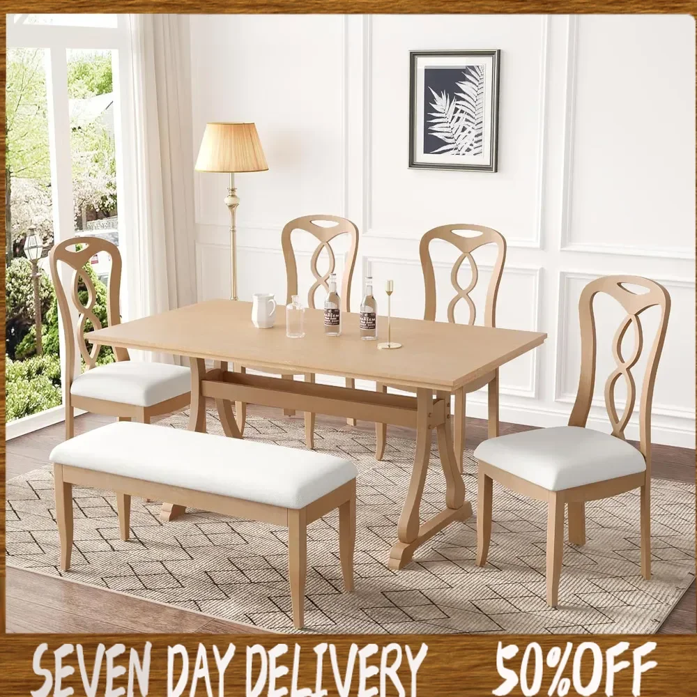 63 Inch Dining Table Set for 6, Retro 6-Piece Trestle Dining Table Set with Upholstered Chairs Kitchen Table Kitchen Dining Room
63 Inch Dining Table Set for 6, Retro 6-Piece Trestle Dining Table Set with Upholstered Chairs Kitchen Table Kitchen Dining Room