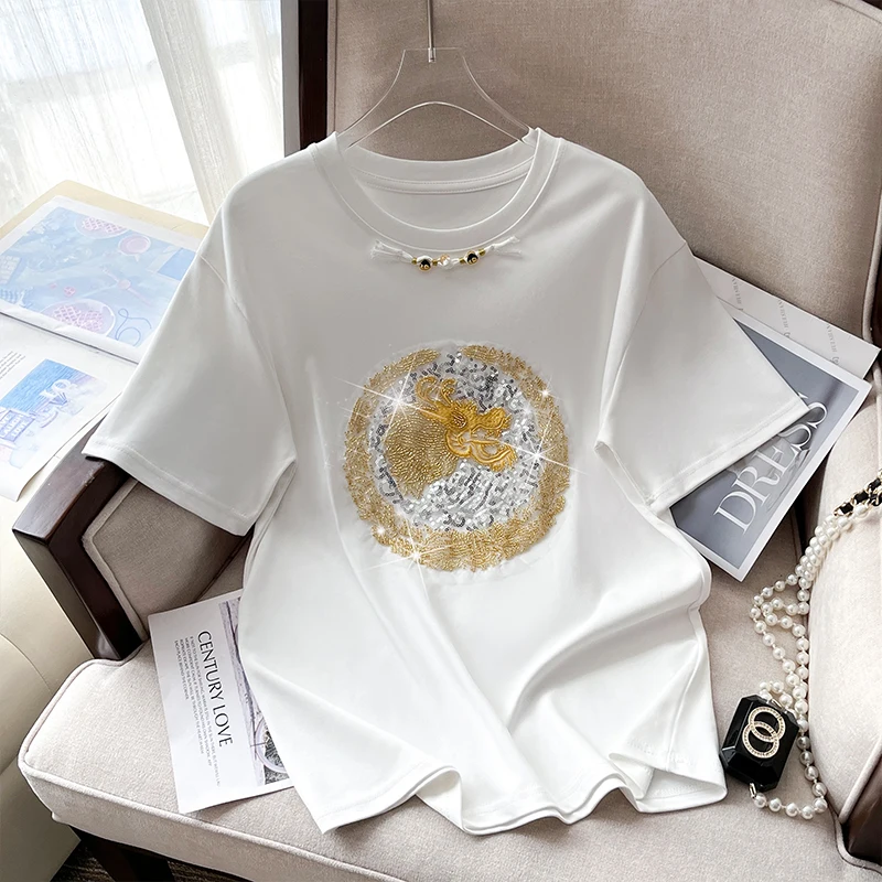 Women's T-shirt 2024 Summer New Harajuku T-shirt with beaded Fashion Hot Drill Tees Round Neck Loose Short-Sleeved Cotton Tops
Women's T-shirt 2024 Summer New Harajuku T-shirt with beaded Fashion Hot Drill Tees Round Neck Loose Short-Sleeved Cotton Tops