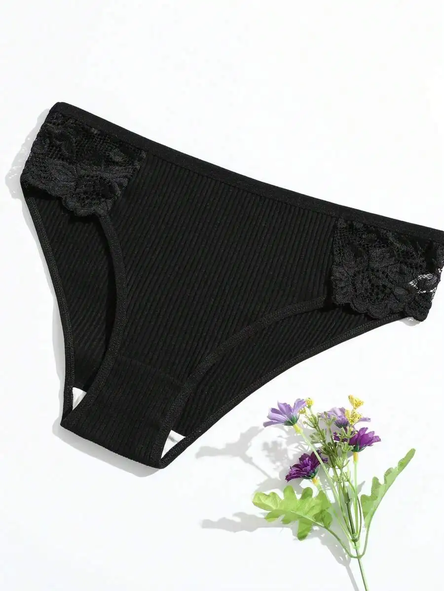 Black Lace Trim Ribbed Low Waist Womens Triangle Panties
Black Lace Trim Ribbed Low Waist Womens Triangle Panties
