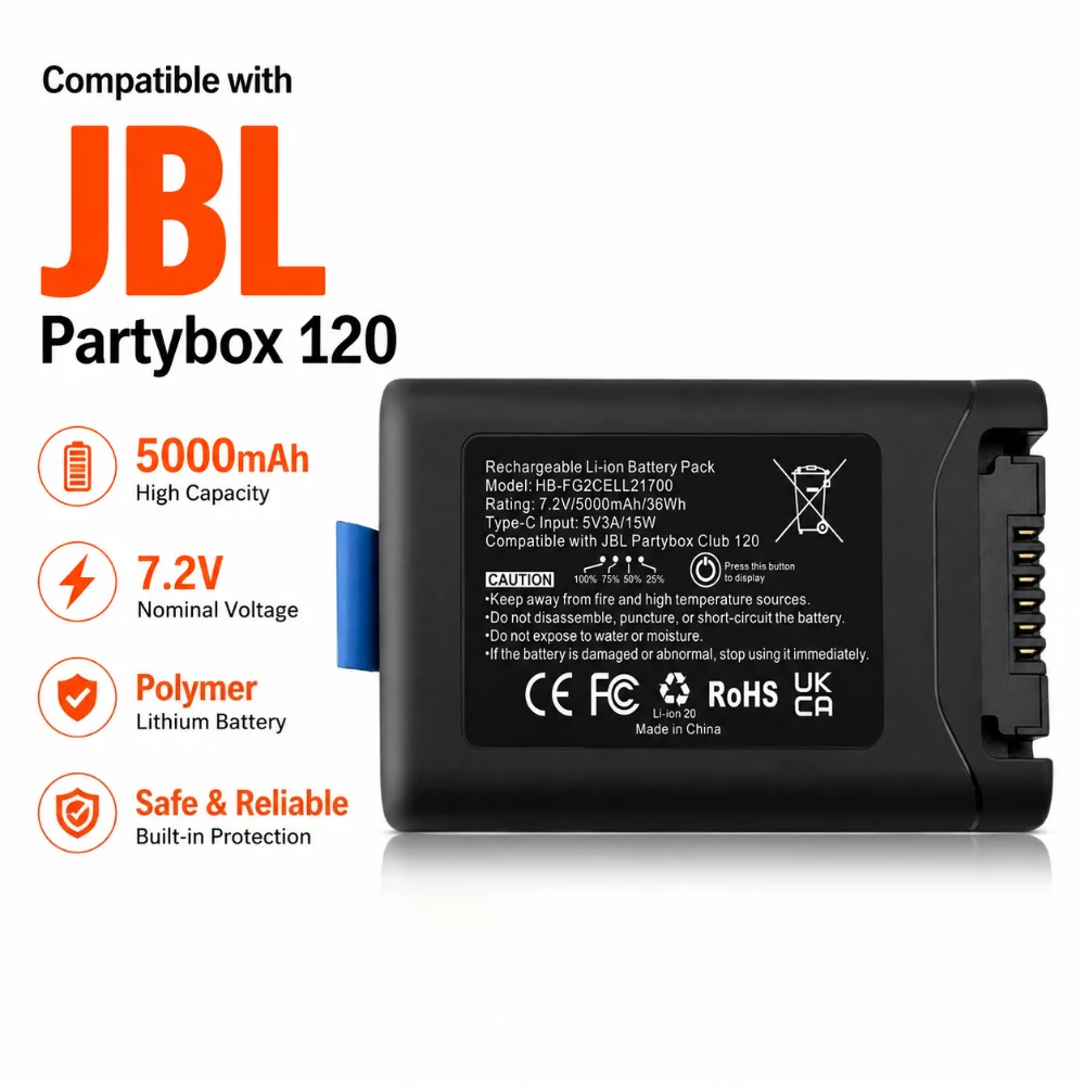 5000mAh 7.2V Replacement Battery For JBL PartyBox Club 120 Bluetooth Speaker FG2CELL21700 Batteries Type-C Charge
5000mAh 7.2V Replacement Battery For JBL PartyBox Club 120 Bluetooth Speaker FG2CELL21700 Batteries Type-C Charge