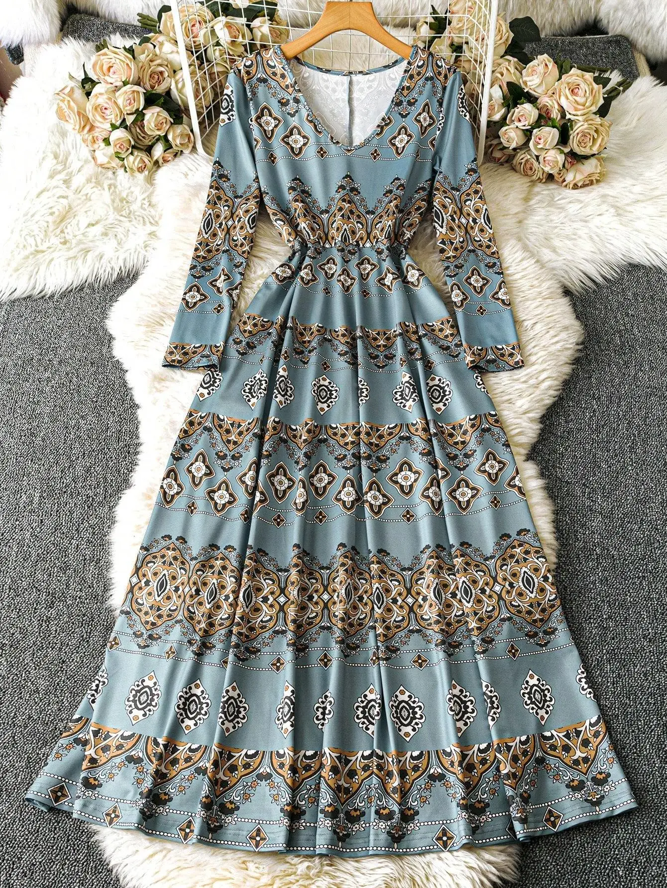 Ele Long Sve V-Ne Print Dr Slimming Waist A-Line Skirt Faionable Autumn New Arrival Women's Clothing
Ele Long Sve V-Ne Print Dr Slimming Waist A-Line Skirt Faionable Autumn New Arrival Women's Clothing