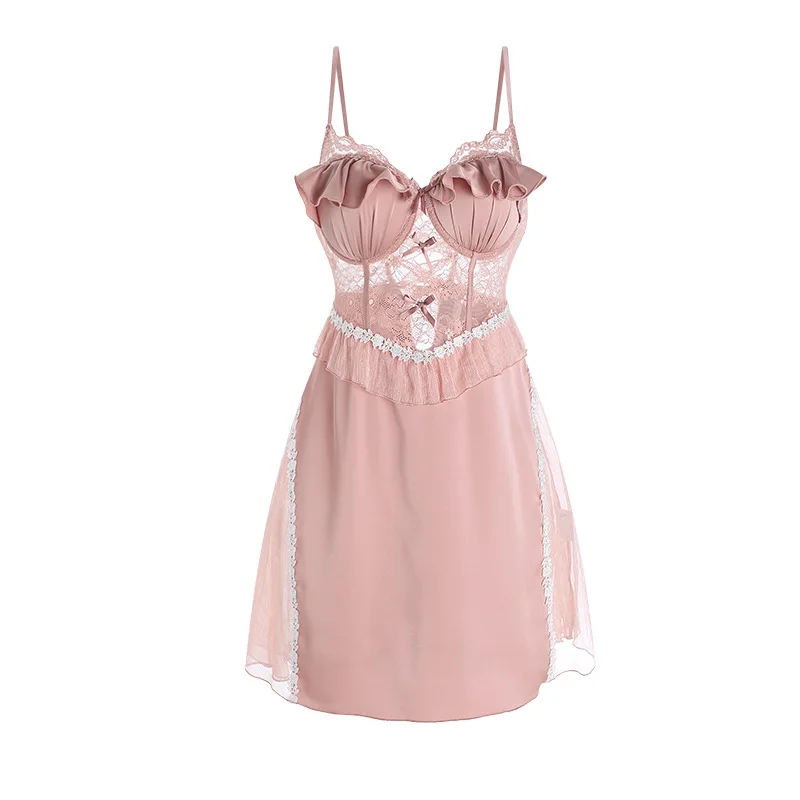 Rose Satin Lace Dress With Chest Pads Waist-Cinching Backless Tie-Up Mesh Splicing Camisole Nightgown Home Wear Dress Charm 8WXT
Rose Satin Lace Dress With Chest Pads Waist-Cinching Backless Tie-Up Mesh Splicing Camisole Nightgown Home Wear Dress Charm 8WXT