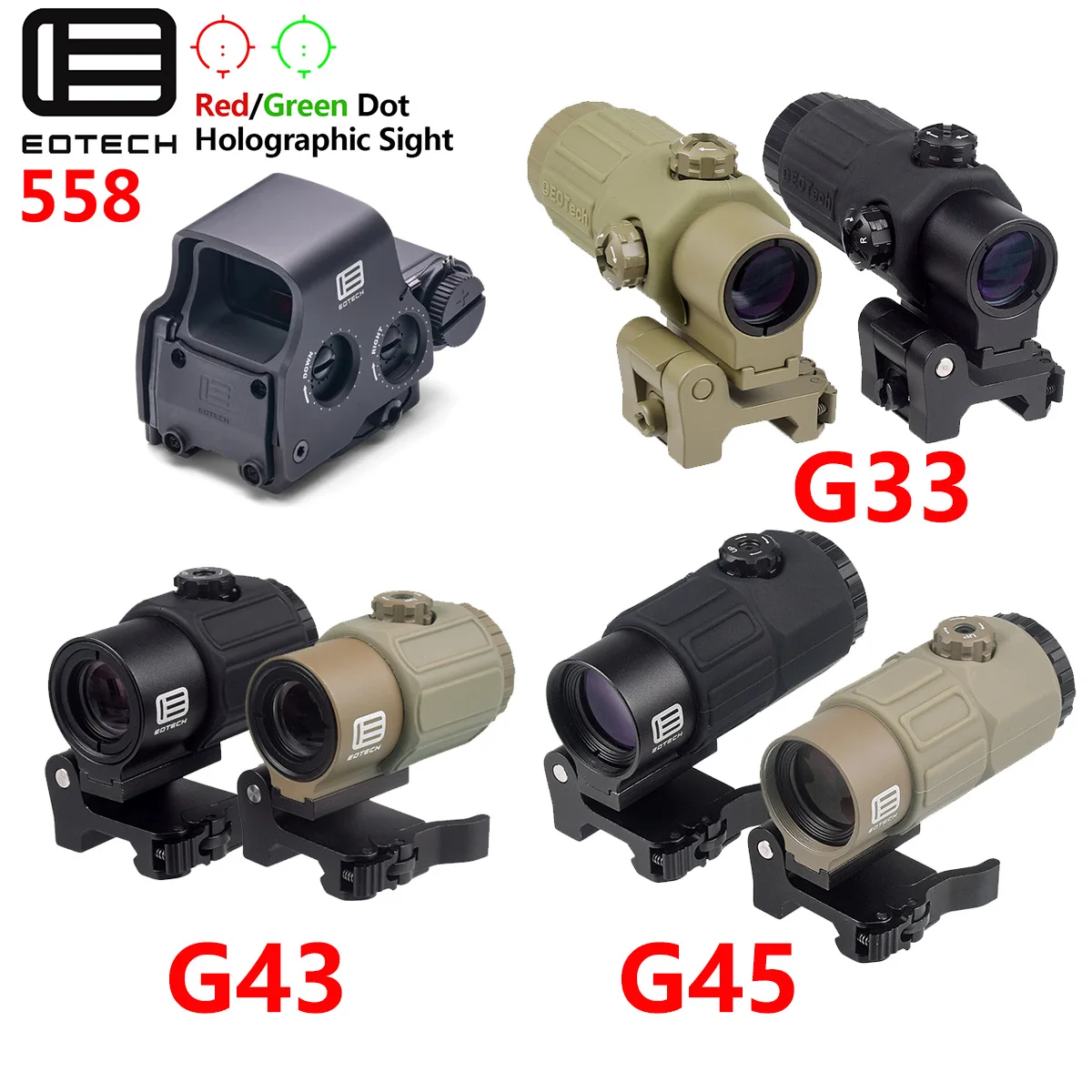 EOTECH 558 Holographic Collimator Red Dot Sight G43/G33 3X G45 5X Magnifier Airsoft UNITY Fast FTC Optic Riser Mount
EOTECH 558 Holographic Collimator Red Dot Sight G43/G33 3X G45 5X Magnifier Airsoft UNITY Fast FTC Optic Riser Mount