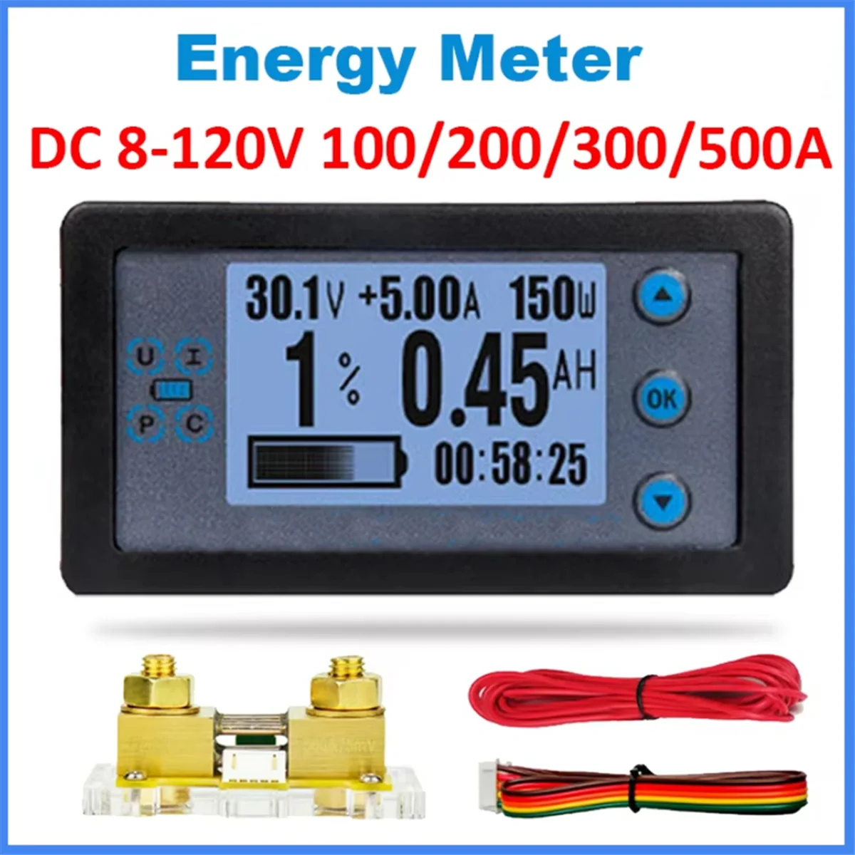 A002 DC 8-120V Digital Energy Meter Multifunctional Coulombometer Ammeter Voltmeter Wattmeter Battery Tester with Shunt 100A
A002 DC 8-120V Digital Energy Meter Multifunctional Coulombometer Ammeter Voltmeter Wattmeter Battery Tester with Shunt 100A