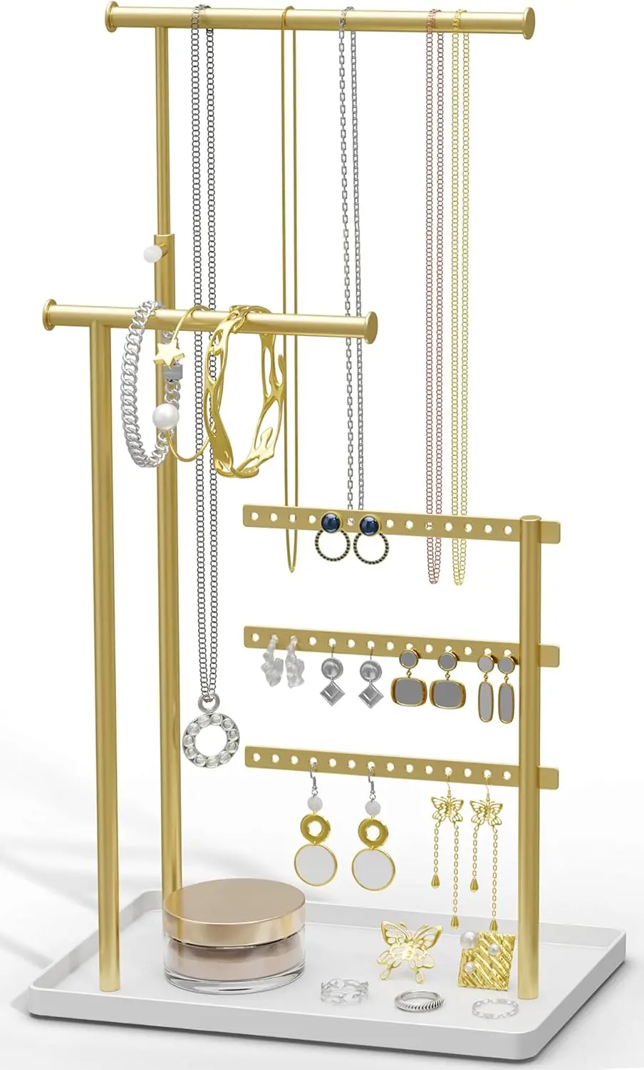 Jewelry Holder Organizer Stand - Adjustable Tall 17.5" (Max), Sturdy Jewelry Hanger for Necklaces, Earrings, Bracelets, Rings, Jewlery Display and Storage, Gold and White, Metal
Jewelry Holder Organizer Stand - Adjustable Tall 17.5" (Max), Sturdy Jewelry Hanger for Necklaces, Earrings, Bracelets, Rings, Jewlery Display and Storage, Gold and White, Metal