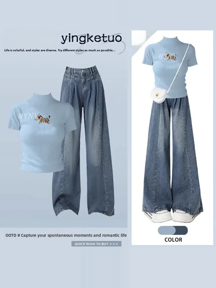 Retro American Print Short Sleeve T-Shirt Women's Summer High Waist Jeans Fashion Set Two Piece Suit Casual Chic Outfit
Retro American Print Short Sleeve T-Shirt Women's Summer High Waist Jeans Fashion Set Two Piece Suit Casual Chic Outfit