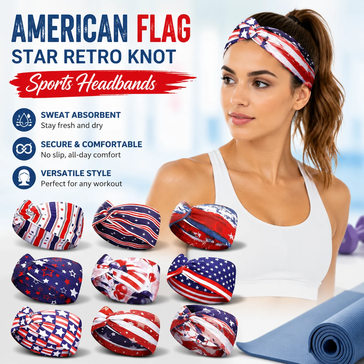 American Flag Star Retro Knot Sports Headbands for Women Sweat Absorbent Yoga Running Hair Ties
American Flag Star Retro Knot Sports Headbands for Women Sweat Absorbent Yoga Running Hair Ties