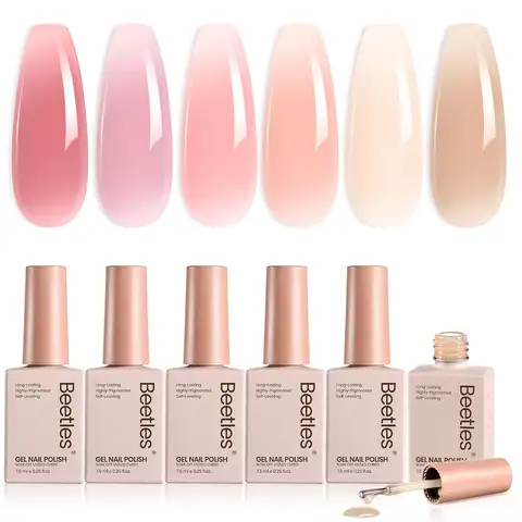 Beetles Nude Pink Gel Nail Polish Set 6 Colors Jelly Sheer Translucent Neutral Soak Off UV Nail Art Kit