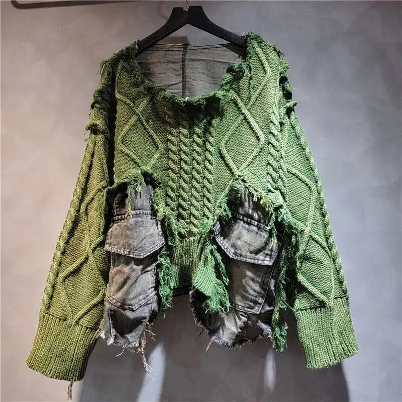 Trendy Personality Fried Dough Twists Knitting Splicing Denim Round Neck Long Sleeve Short Sweater for Women Autumn and Winter
Trendy Personality Fried Dough Twists Knitting Splicing Denim Round Neck Long Sleeve Short Sweater for Women Autumn and Winter