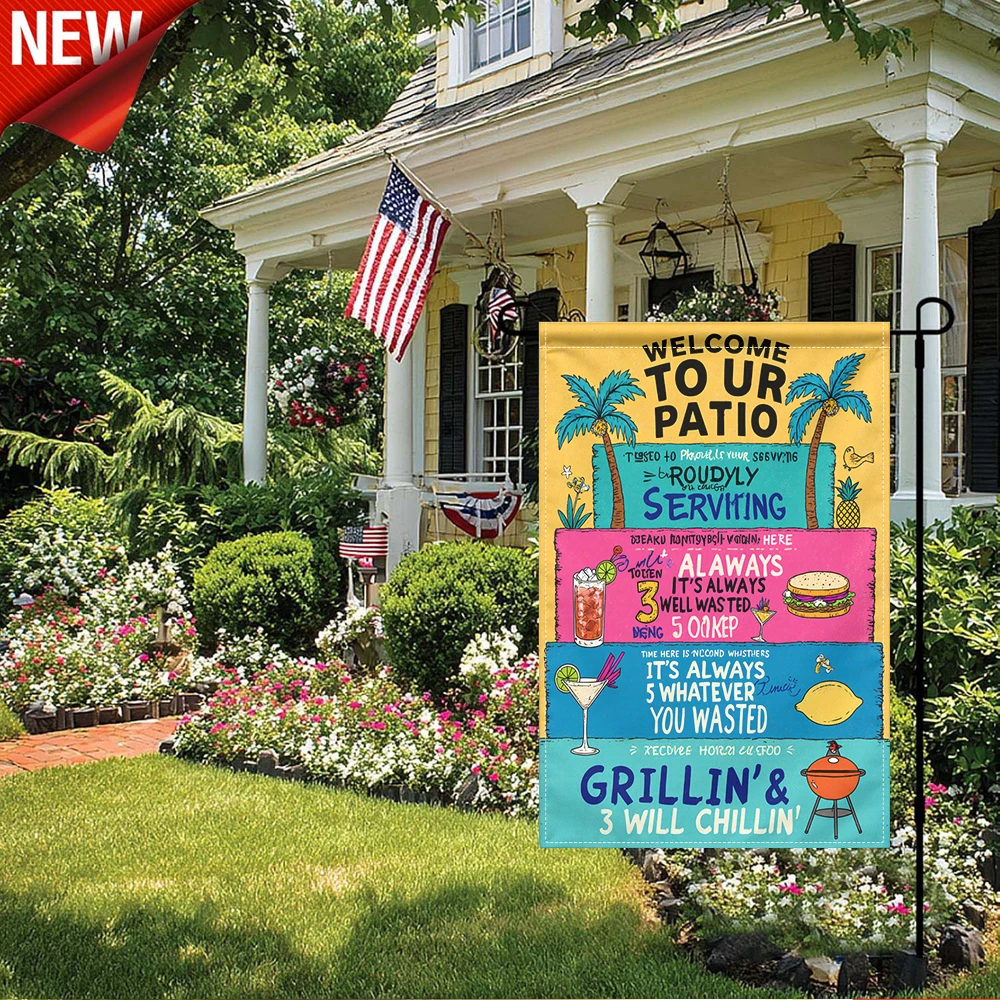 1PC, Welcome To Our Patio Grillin And Chillin Garden Flag, Always Well Wasted Summer Outdoor Decorative Flag, Tropical Palm Tree BBQ Hamburger Cocktail Print Yard Flag, Double Sided Patio Porch Lawn Decor Flag For Backyard Party B
1PC, Welcome To Our Patio Grillin And Chillin Garden Flag, Always Well Wasted Summer Outdoor Decorative Flag, Tropical Palm Tree BBQ Hamburger Cocktail Print Yard Flag, Double Sided Patio Porch Lawn Decor Flag For Backyard Party B