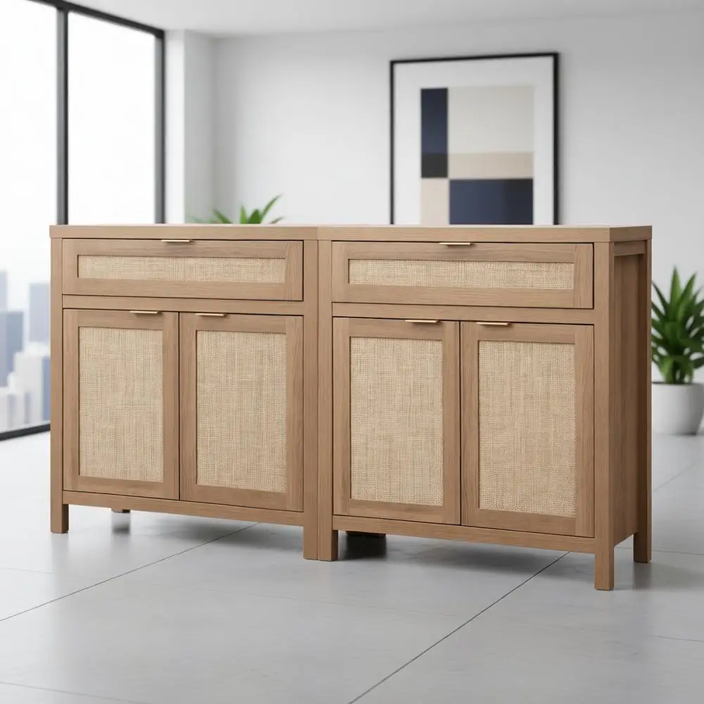 Natural Oak Rattan Buffet Cabinet Set, Bohemian Style Storage Console with Drawers, Farmhouse Coffee Bar for Living Room Entrywa
Natural Oak Rattan Buffet Cabinet Set, Bohemian Style Storage Console with Drawers, Farmhouse Coffee Bar for Living Room Entrywa