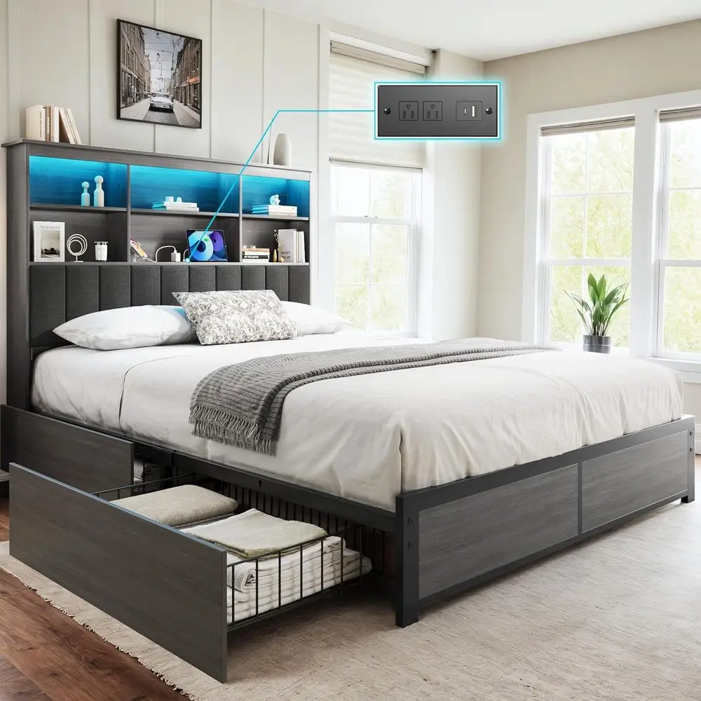 Wooden Bed with High Storage, Bookcase, 4 Drawers, LED & Charging, No Box Spring, Rustic Grey
Wooden Bed with High Storage, Bookcase, 4 Drawers, LED & Charging, No Box Spring, Rustic Grey