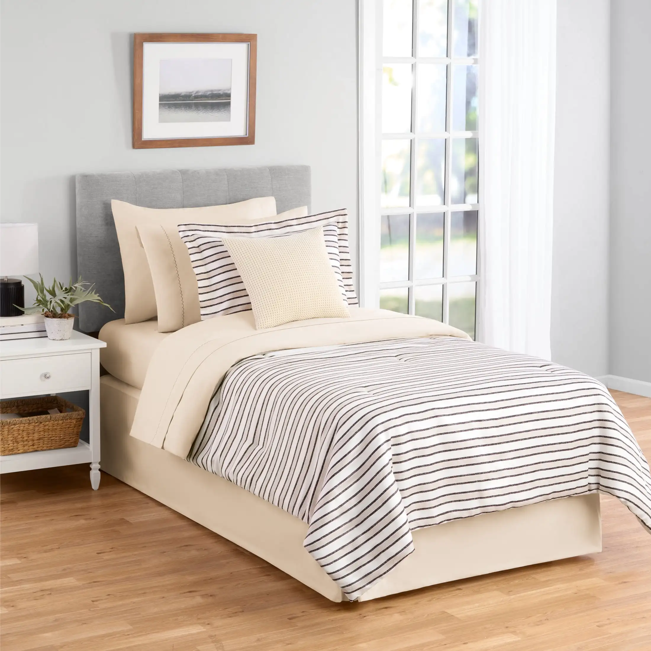 Soft Touch Bed in a Bag 8-Piece Reversible Tan & Black Striped Comforter Set with Sheets, Twin/Twin XL
Soft Touch Bed in a Bag 8-Piece Reversible Tan & Black Striped Comforter Set with Sheets, Twin/Twin XL