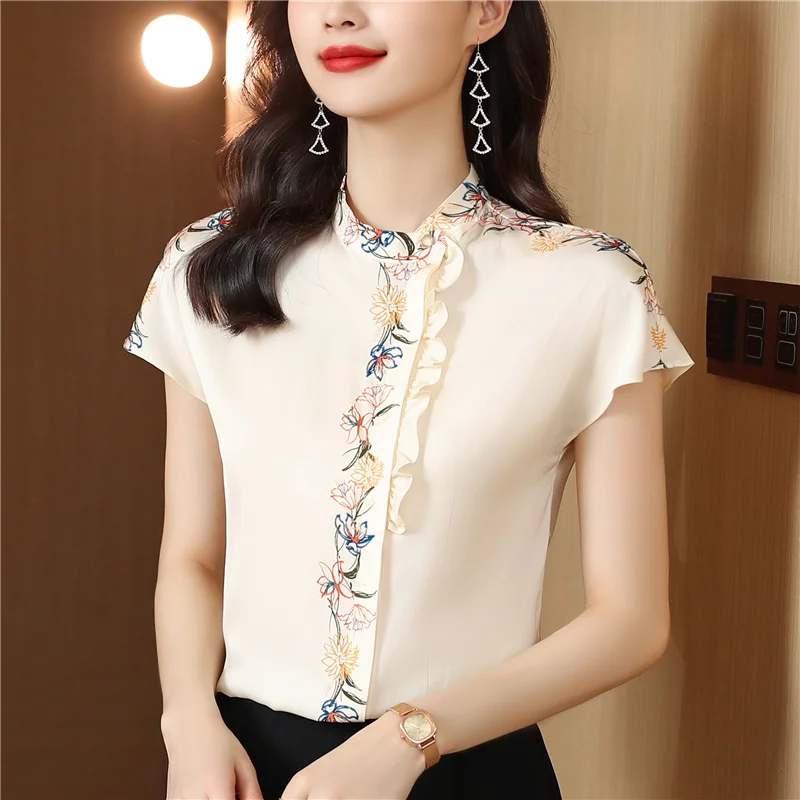 Printed Shirt for Women Summer New Ruffled Stand Collar Designer Short Sleeve Stylish Age-Reducing Top
Printed Shirt for Women Summer New Ruffled Stand Collar Designer Short Sleeve Stylish Age-Reducing Top