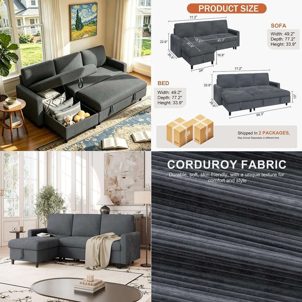 Sleeper Sofa with Pull Out Bed, Plush Corduroy 5 Seat L Shaped Couch with Storage, USB Ports, Cup Holders, Comfy Modular Sectio
Sleeper Sofa with Pull Out Bed, Plush Corduroy 5 Seat L Shaped Couch with Storage, USB Ports, Cup Holders, Comfy Modular Sectio