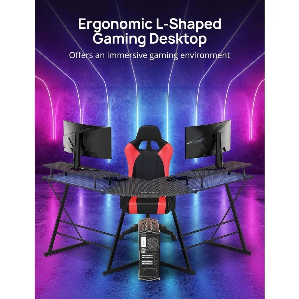 L-shaped corner computer table, 53" ergonomic gaming desk with monitor stand, PC desk with LED strip and power socket
L-shaped corner computer table, 53" ergonomic gaming desk with monitor stand, PC desk with LED strip and power socket