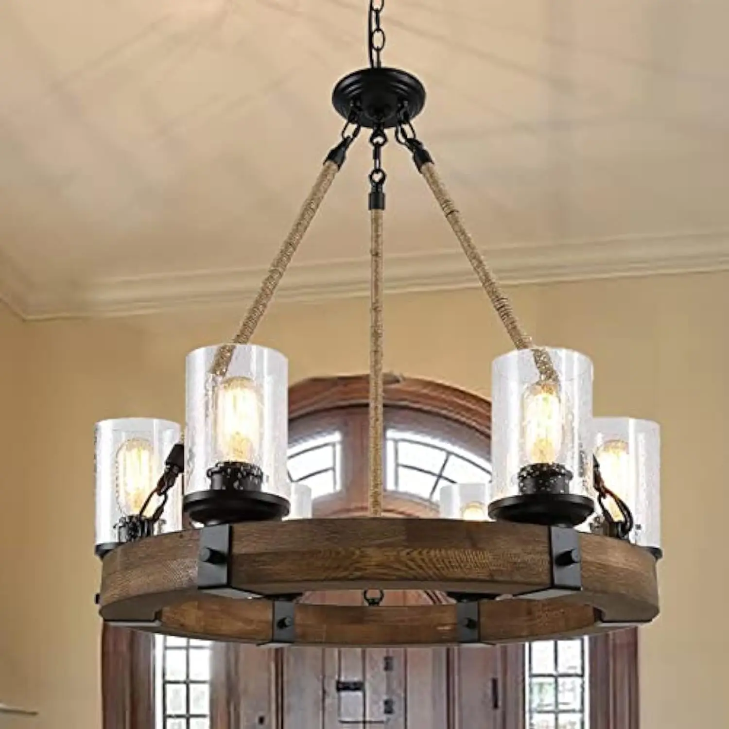 Rustic 6 Light Wagon Wheel Chandelier, Round Wood Pendant Light with Seeded Glass Shade, Farmhouse Chandeliers for Dining Room
Rustic 6 Light Wagon Wheel Chandelier, Round Wood Pendant Light with Seeded Glass Shade, Farmhouse Chandeliers for Dining Room