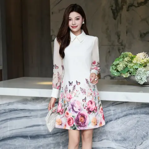 ZJYT Herfst Nieuwe Mode Bloemenprint Jurk voor Vrouwen Lange Mouw 2025, Designer Revers Kraag Casual Vintage Jurken Wit Zwart