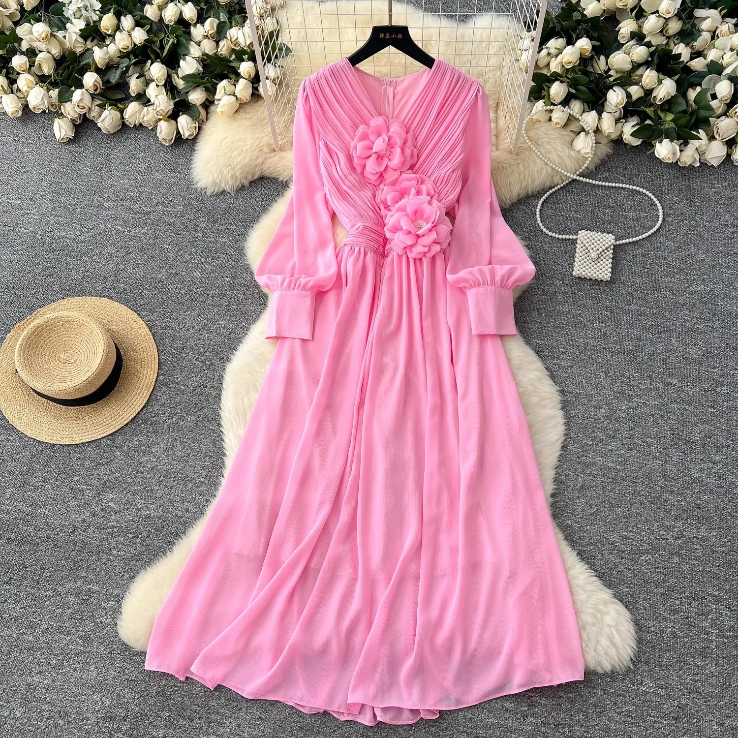 French Three-dimensional Flower V-neck Lantern Sleeve Women's Dress Slim A-line Long Swing Dress Casual Beach Holiday Vestidos
French Three-dimensional Flower V-neck Lantern Sleeve Women's Dress Slim A-line Long Swing Dress Casual Beach Holiday Vestidos