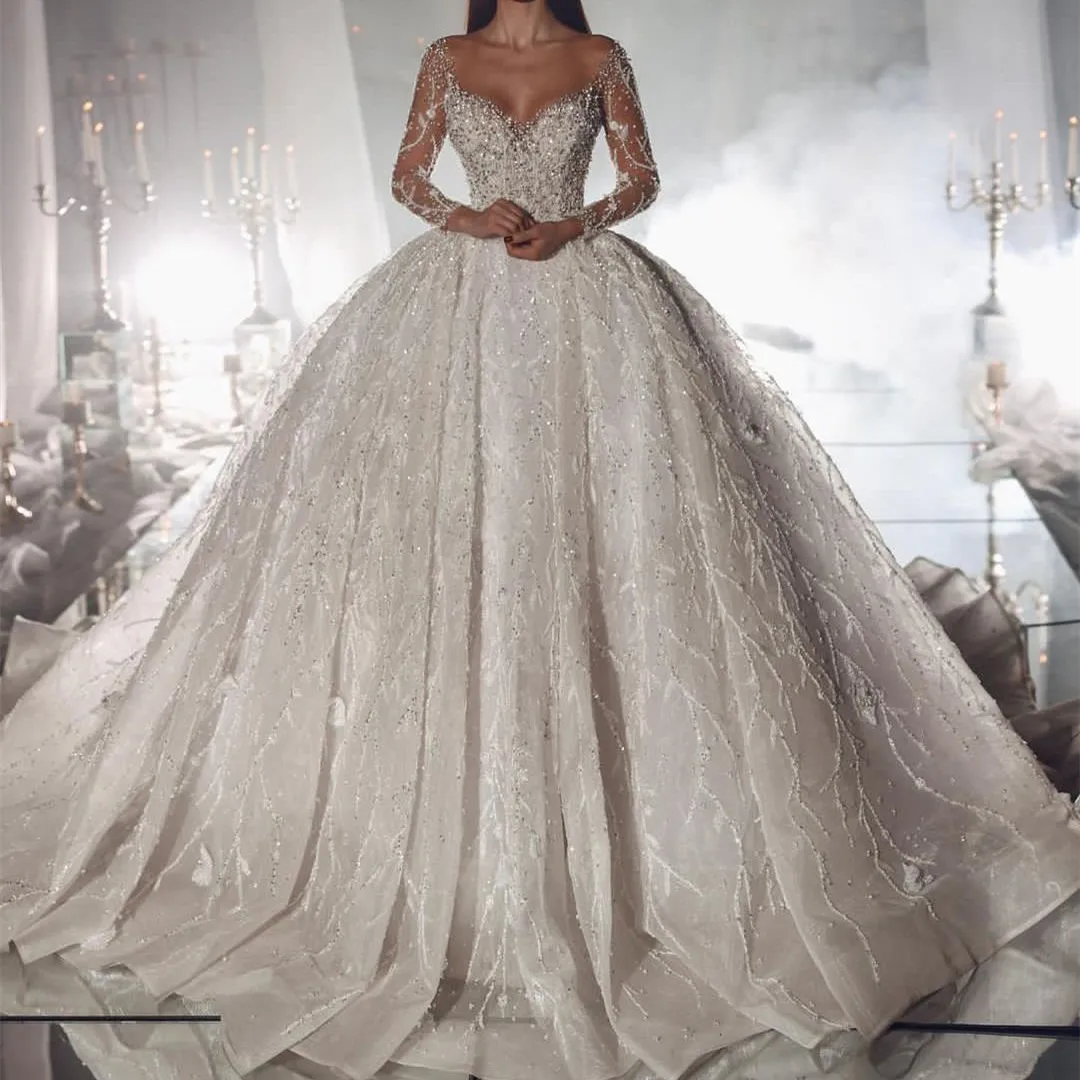 Luxury Ball Gown Wedding Dress Long Sleeves V Neck Sequins Beaded Appliques Bridal Gowns Plus Size Vestina De Novia Customized
Luxury Ball Gown Wedding Dress Long Sleeves V Neck Sequins Beaded Appliques Bridal Gowns Plus Size Vestina De Novia Customized
