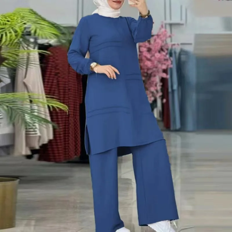 2025 Muslim Women's Two-piece Sportswear with Parallel Bars, Elegant Temperament, Solid Color, Long Sleeved Shirt, Wide Leg
2025 Muslim Women's Two-piece Sportswear with Parallel Bars, Elegant Temperament, Solid Color, Long Sleeved Shirt, Wide Leg