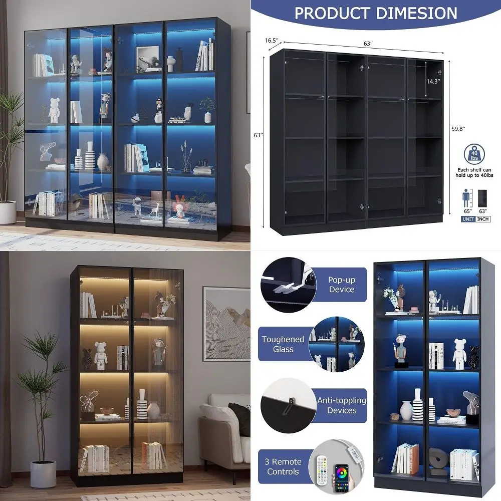 Display Cabinet with LED Lights Set of 2, Display Case Bookcase with 4Tier Shelves, Curio Cabinet with 2 Glass Doors, Storage C
Display Cabinet with LED Lights Set of 2, Display Case Bookcase with 4Tier Shelves, Curio Cabinet with 2 Glass Doors, Storage C