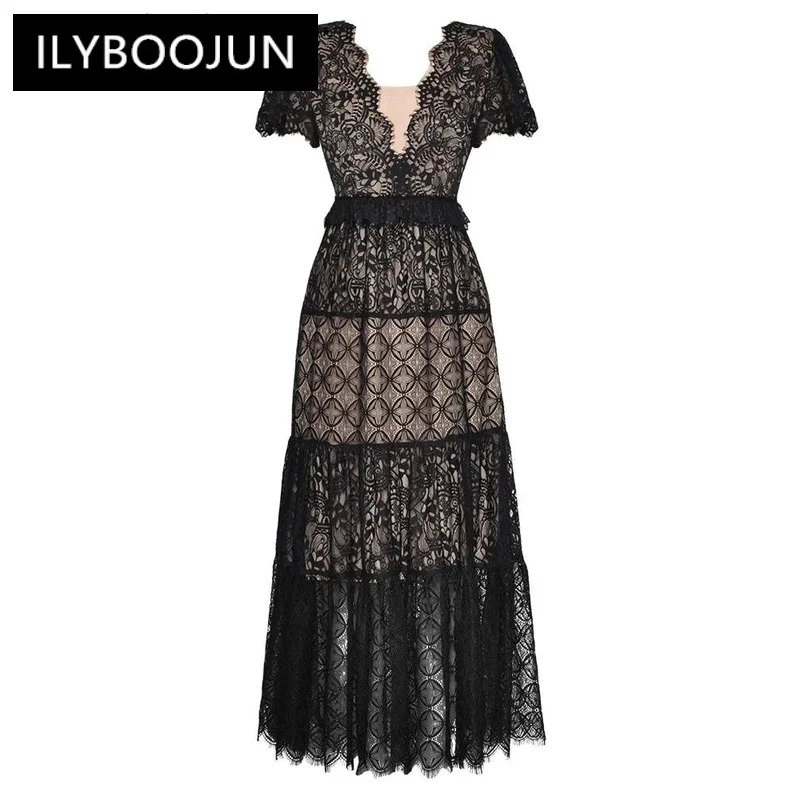 ILYBOOJUN Fashion Designer Summer Lace Long Dress Women's V-Neck Short Sleeve Ruffles Hollow Out Elegant Party Dresses
ILYBOOJUN Fashion Designer Summer Lace Long Dress Women's V-Neck Short Sleeve Ruffles Hollow Out Elegant Party Dresses