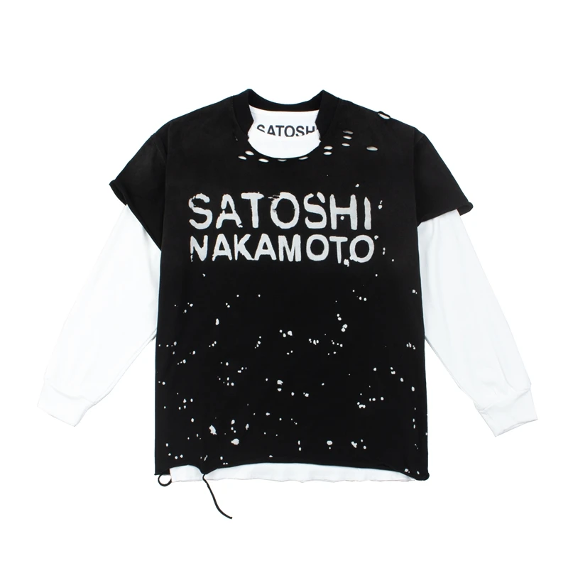 Satoshi Nakamoto T-shirt Long Sleeve Men's Women's Street Ripped Loose Washed Hip Hop Letter Print Tshirts 2 Pieces Wear
Satoshi Nakamoto T-shirt Long Sleeve Men's Women's Street Ripped Loose Washed Hip Hop Letter Print Tshirts 2 Pieces Wear